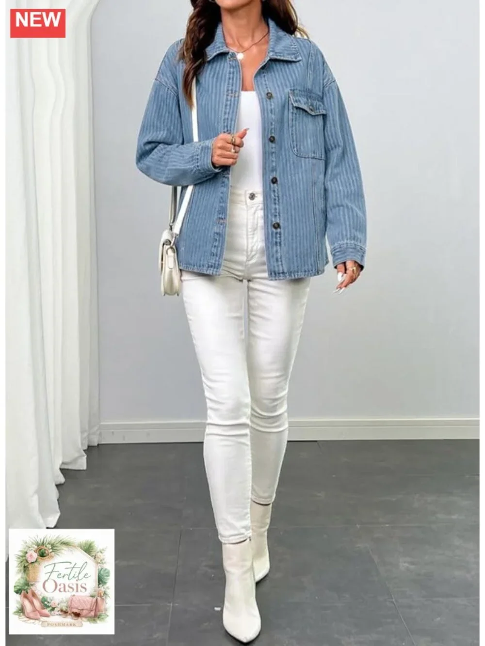 Striped Denim Shacket for Women Cotton Blend Button Down Shirt Jacket